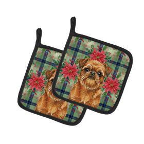 Belge Brussels Griffon Christmas PoinsettIas Pair of Pot Holders Pair 7.5x7.5 Quilted Insulated Hot Pads Decorative Kitchen Gift Made in USA