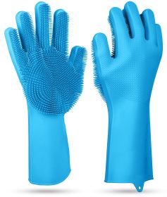 1 Pair Silicone Brush Dishwashing Gloves Cleaning Sponge Pet Scrubber Heat Resistant Wash Gloves (Option: Blue)