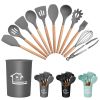 11Pcs Silicone Cooking Utensil Set Heat Resist Wooden Handle Silicone Spatula Turner Ladle Spaghetti Server Tongs Spoon Egg Whish Kitchenware Set w/ H