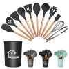 11Pcs Silicone Cooking Utensil Set Heat Resist Wooden Handle Silicone Spatula Turner Ladle Spaghetti Server Tongs Spoon Egg Whish Kitchenware Set w/ H