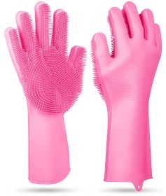 1 Pair Silicone Brush Dishwashing Gloves Cleaning Sponge Pet Scrubber Heat Resistant Wash Gloves (Option: Pink)