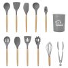 11Pcs Silicone Cooking Utensil Set Heat Resist Wooden Handle Silicone Spatula Turner Ladle Spaghetti Server Tongs Spoon Egg Whish Kitchenware Set w/ H